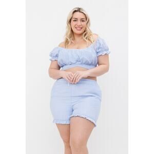 178. Blue Gingham Off Shoulder Pleated Crop Top With Back Tie